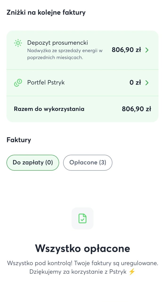 Aplikacja Pstryk klienta: depozyt prosumencki 806,90 zł, wszystkie faktury opłacone