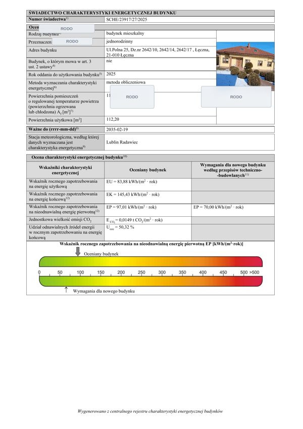 Świadectwo SCHE dom jednorodzinny EP=97,01 kWh/m²·rok