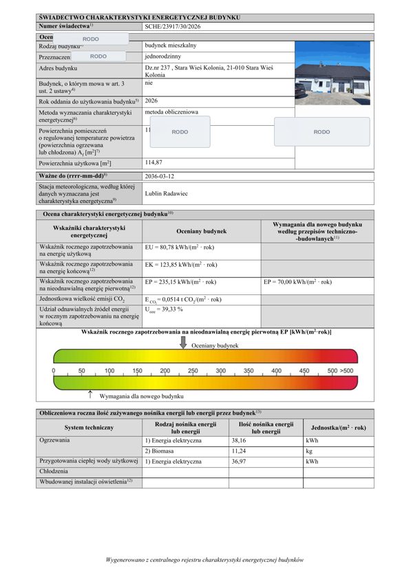 Świadectwo SCHE dom jednorodzinny EP=235,15 kWh/m²·rok