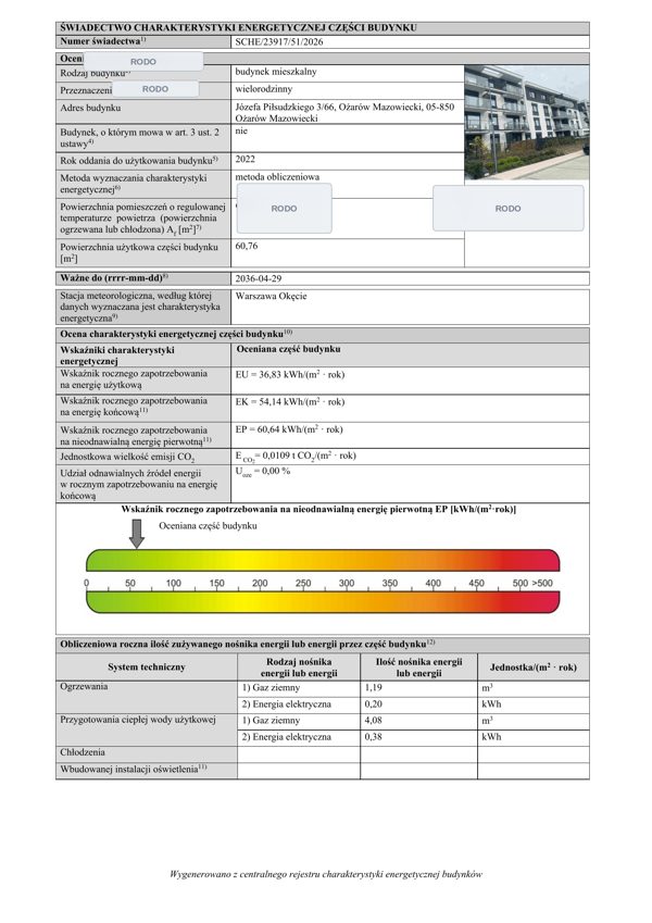 Świadectwo SCHE lokal mieszkalny EP=60,64 kWh/m²·rok